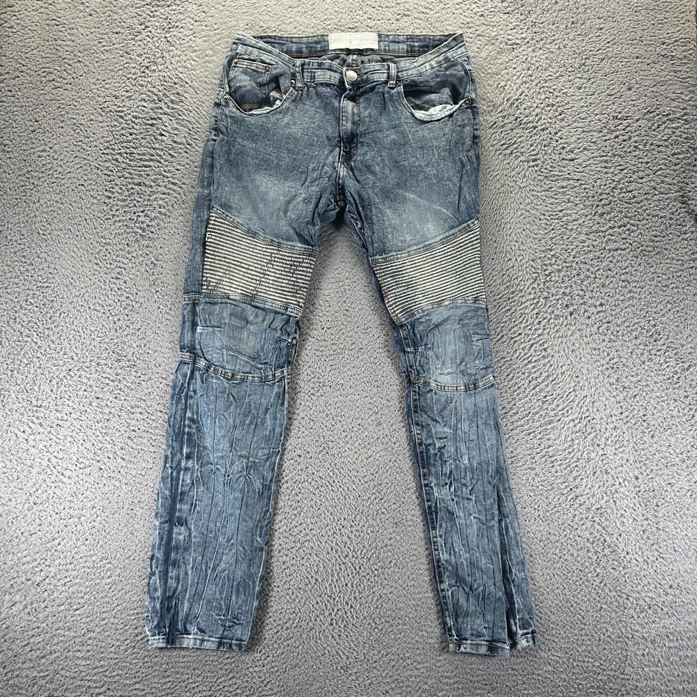 Spark Jeans Men 34x32 Blue Cotton Denim Straight Moto Biker Faded Travel Stretch